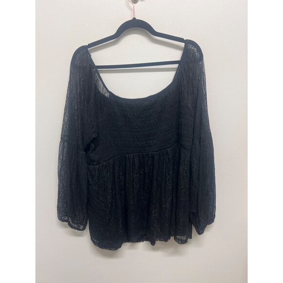 Witchy Dark Romantic Black Lace Smocked Square Neck Baby Doll Top Long Sleeves - Picture 5 of 11